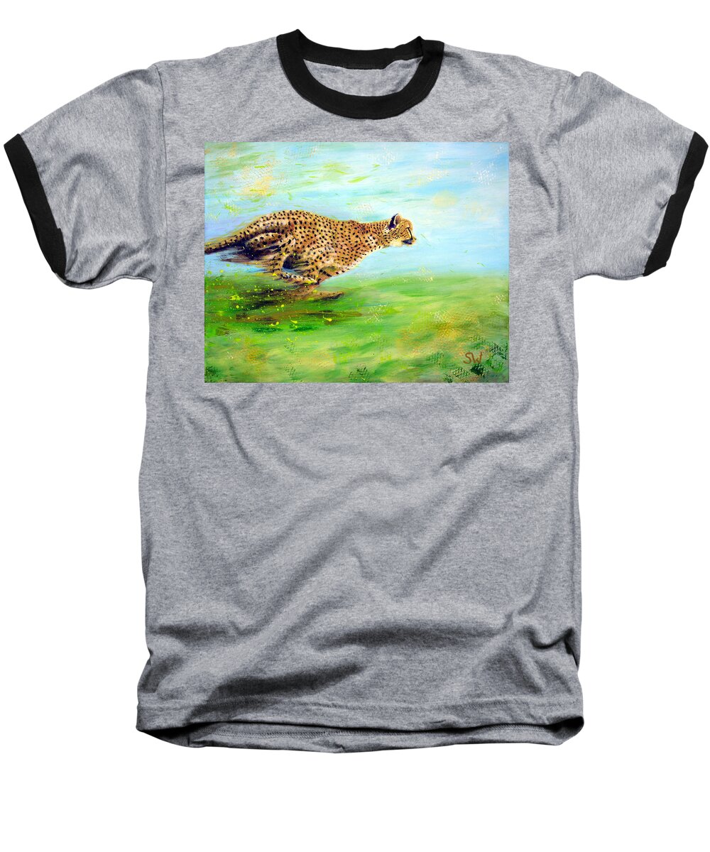 Art Baseball T-Shirt featuring the painting Cheetah at speed by Shirley Wellstead