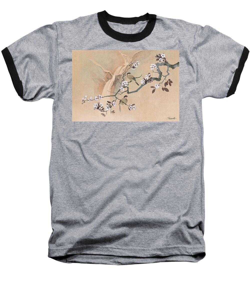 Birds Baseball T-Shirt featuring the digital art Cherry Blossom Tree And Two Birds by M Spadecaller