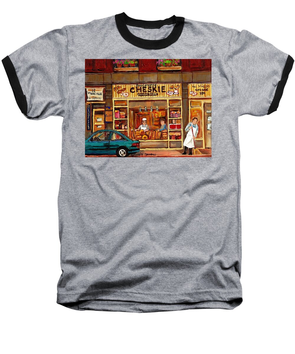 Montreal Baseball T-Shirt featuring the painting Cheskies Hamishe Bakery by Carole Spandau