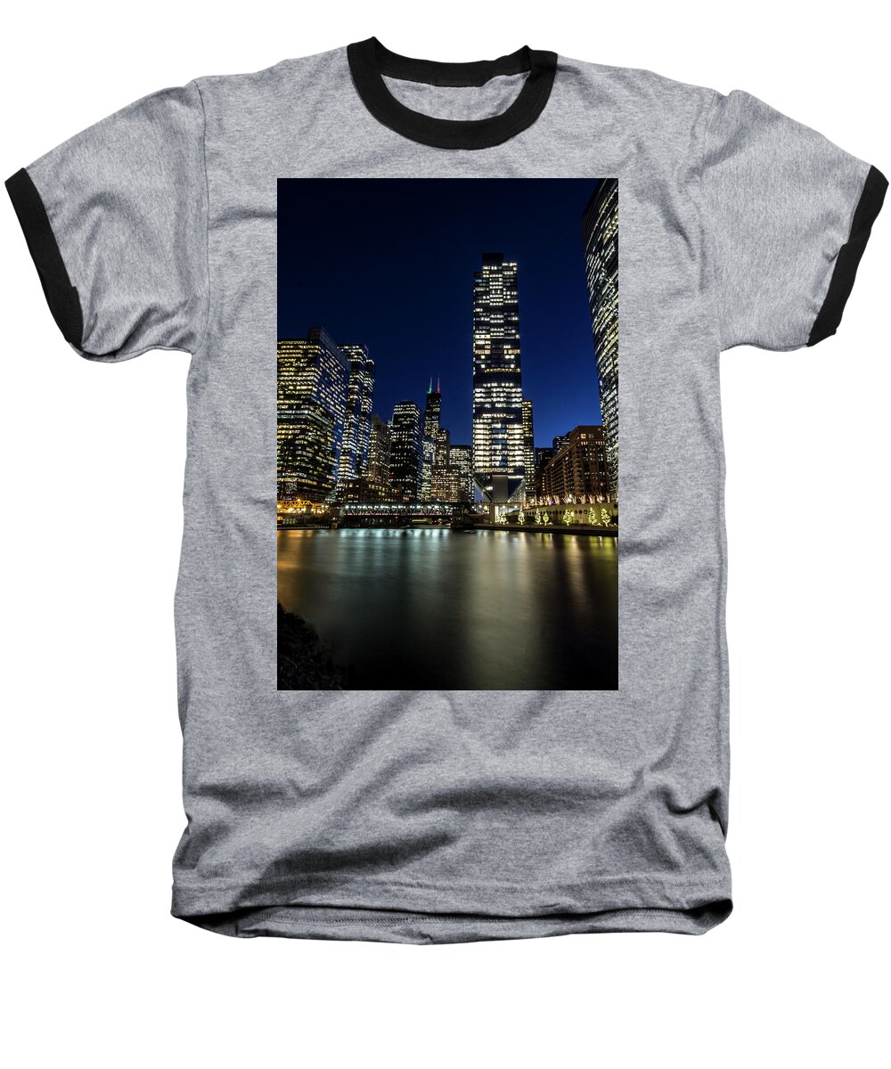 Chicago Baseball T-Shirt featuring the photograph Chicago River and Skyline at dusk by Sven Brogren