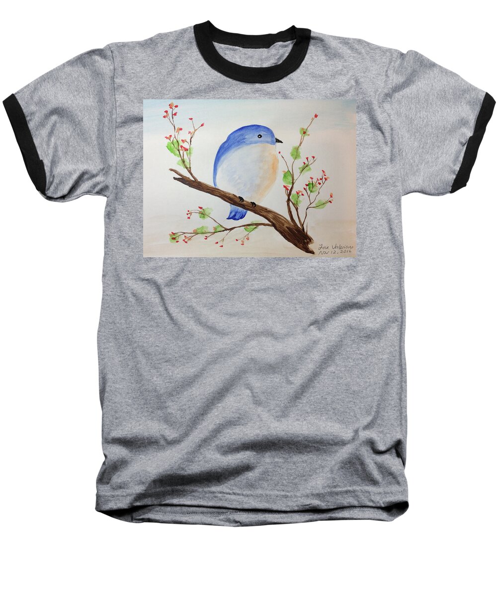 Watercolor Baseball T-Shirt featuring the painting Chickadee on a branch with leaves by Martin Valeriano