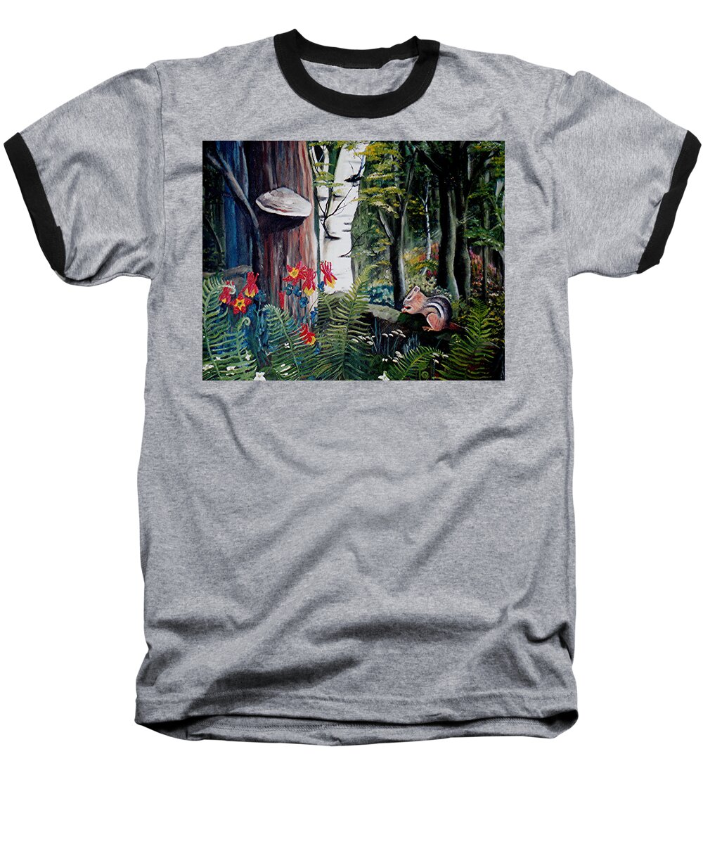 Wildlife Baseball T-Shirt featuring the painting Chipmunk on a Log by Renate Wesley