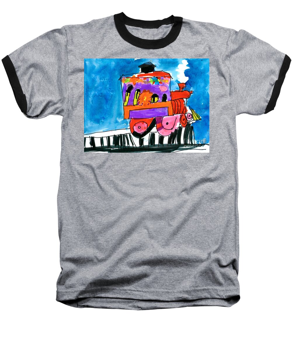 Trains Baseball T-Shirt featuring the painting ChooChoo Train by Gina Barba Age Five