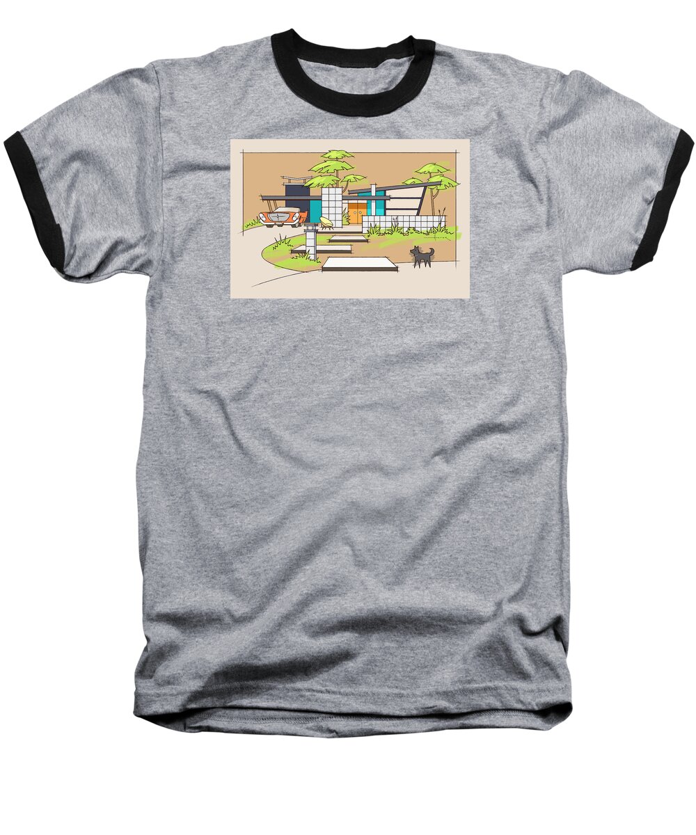 Mid-century Modern Baseball T-Shirt featuring the painting Chrysler with Black Dog, A Mid-century Home by Larry Hunter