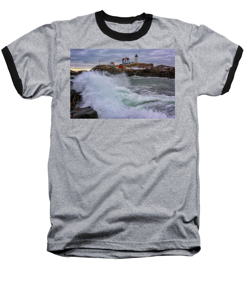 Maine Baseball T-Shirt featuring the photograph Churning Seas at Cape Neddick by Rick Berk