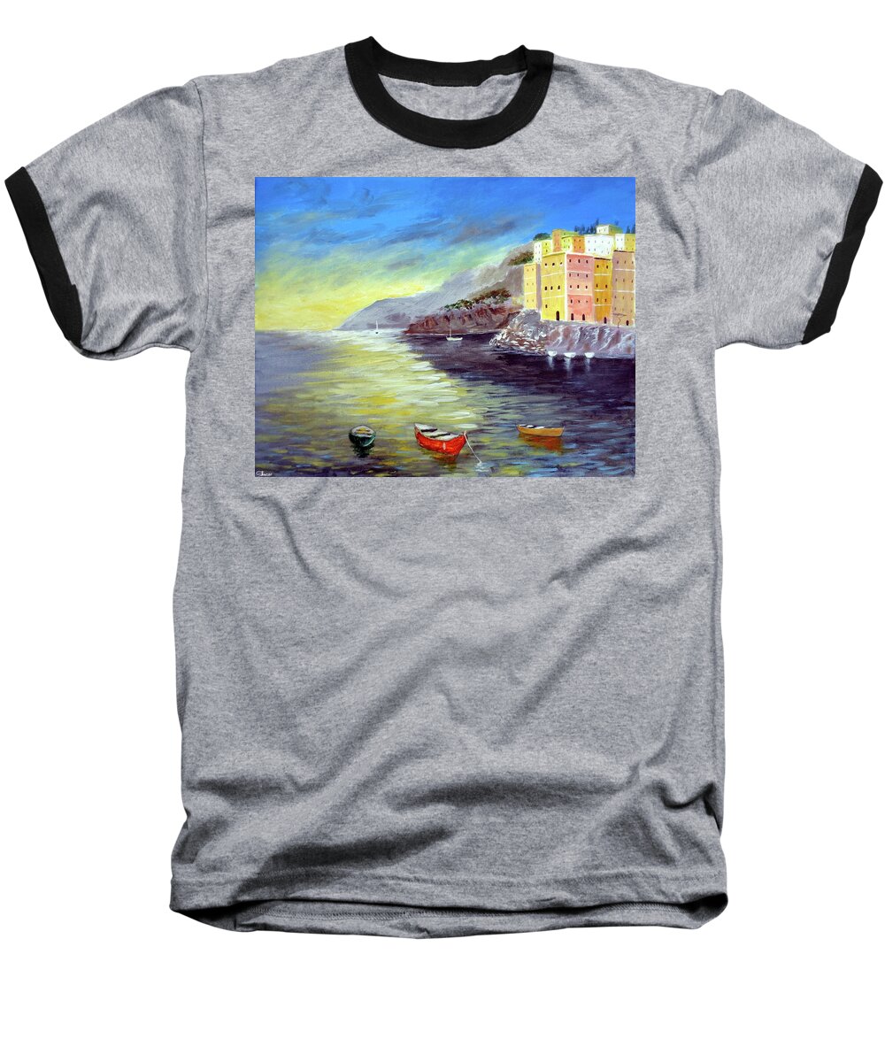 Cinque Terre Baseball T-Shirt featuring the painting Cinque Terre Dreams by Larry Cirigliano
