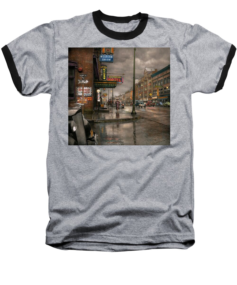 Colorized Baseball T-Shirt featuring the photograph City - Amsterdam NY - Call 666 for Taxi 1941 by Mike Savad
