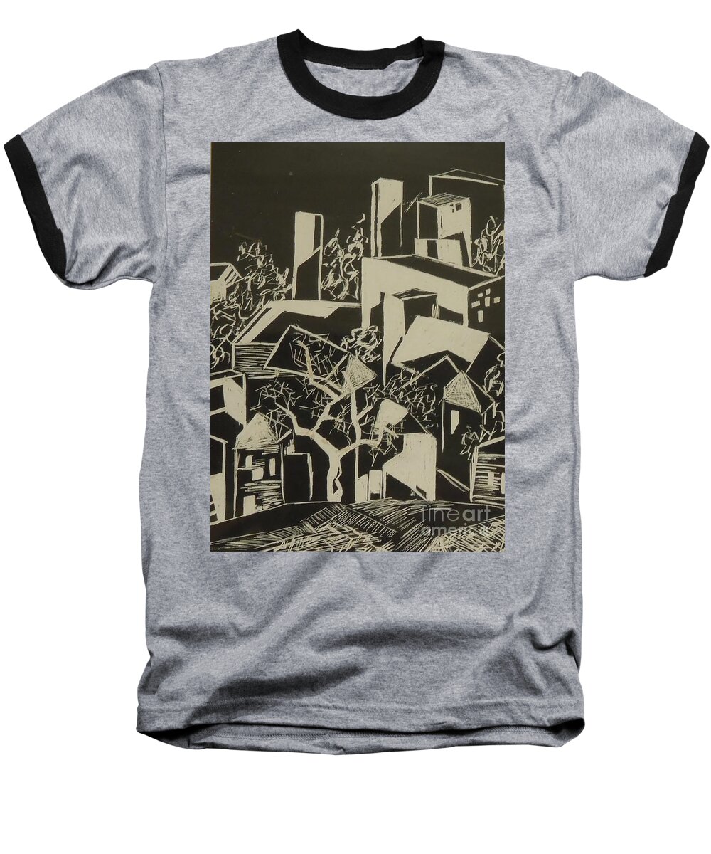Black Baseball T-Shirt featuring the mixed media City by Moonlight - SOLD by Judith Espinoza