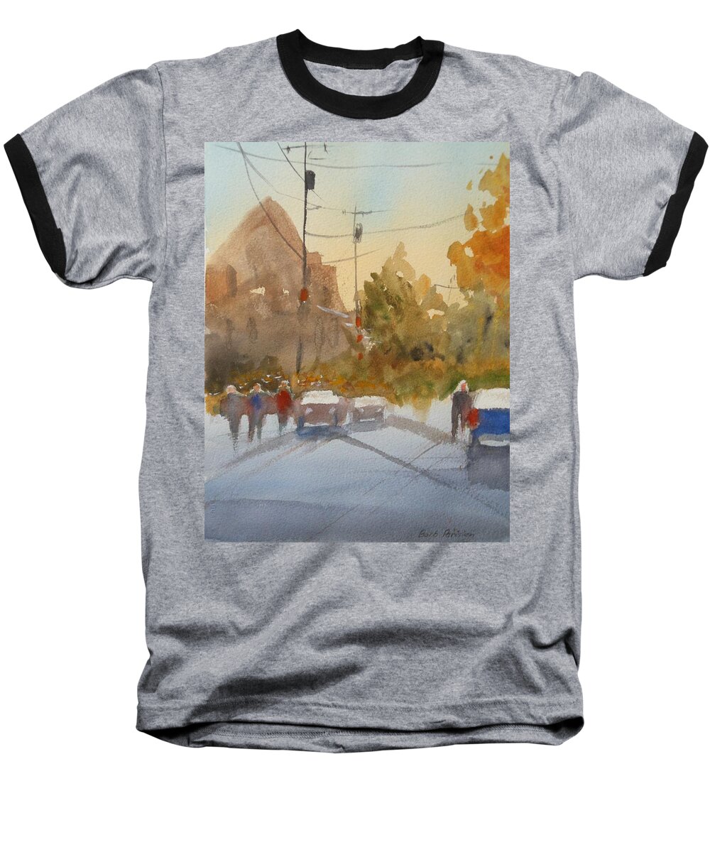 Cityscape Baseball T-Shirt featuring the painting City in Autumn by Barbara Parisien