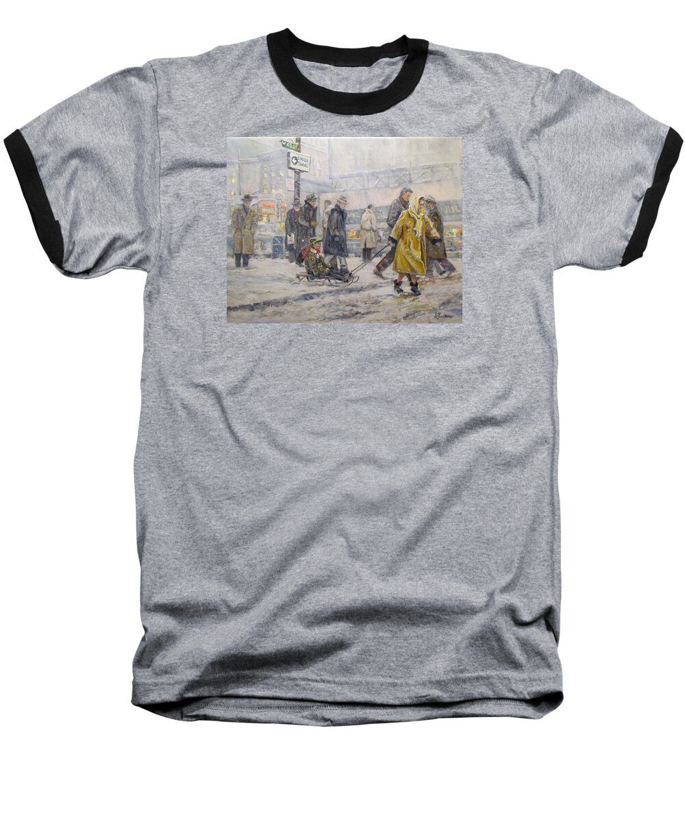 City Baseball T-Shirt featuring the painting City Snow Ride by Donna Tucker
