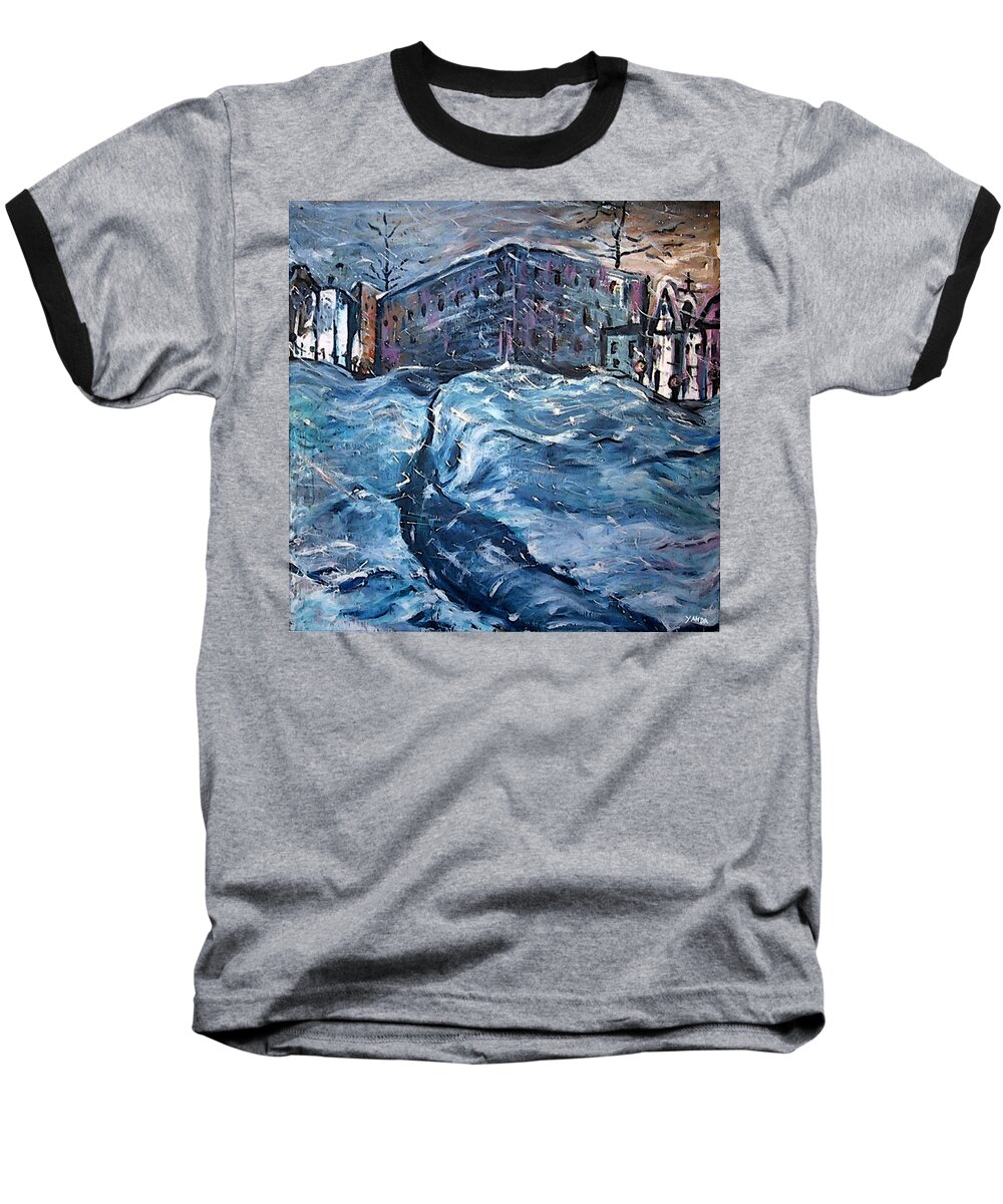Katt Yanda Original Art Landscape Oil Painting Blue Snow Winter City Storm Baseball T-Shirt featuring the painting City Snow Storm by Katt Yanda