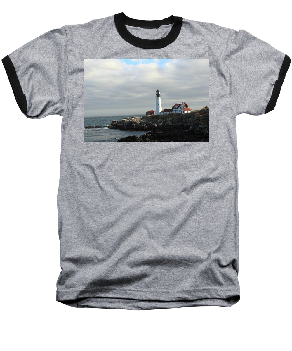 Clouds Baseball T-Shirt featuring the photograph Clouds over Portland Head Lighthouse 2 by Lou Ford