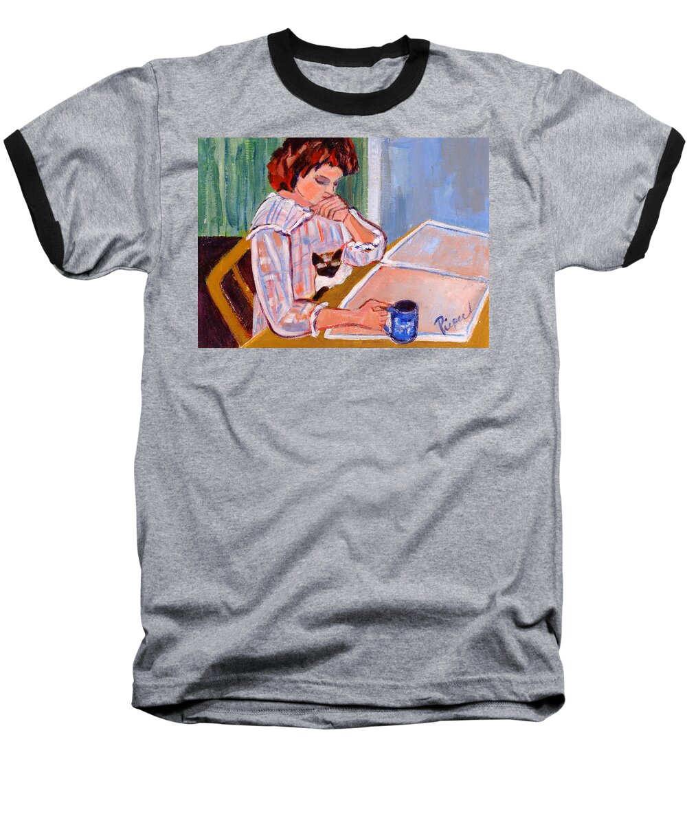 Reading The Newspaper Baseball T-Shirt featuring the painting Coffee and Cat by Betty Pieper