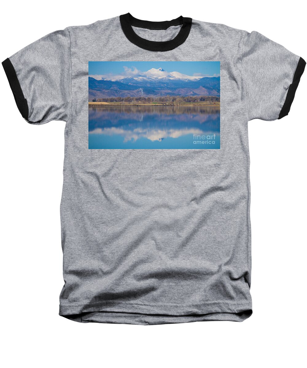 'longs Peak' Longs Peak Co' Baseball T-Shirt featuring the photograph Colorado Longs Peak Circling Clouds Reflection by James BO Insogna