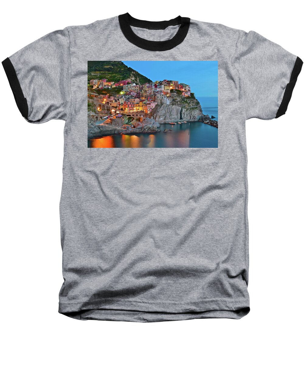 Manarola Baseball T-Shirt featuring the photograph Colorful Buildings Colorful Lights by Frozen in Time Fine Art Photography