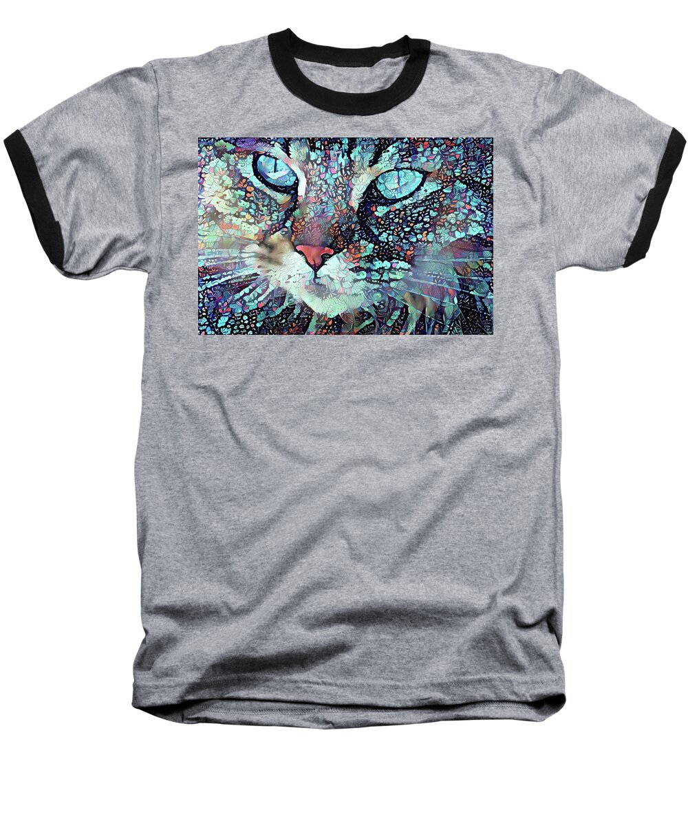 Cat Face Baseball T-Shirt featuring the digital art Colorful Flower Cat Art - A Cat Called Blue by Peggy Collins