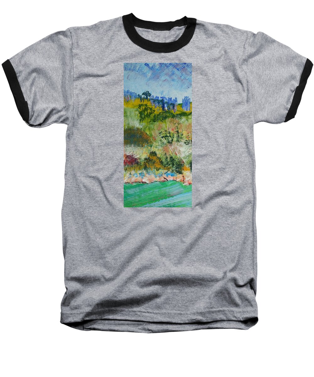 Darmouth Baseball T-Shirt featuring the painting Colorful Forest on Cliffs near the Sea in Dartmouth Devon by Mike Jory
