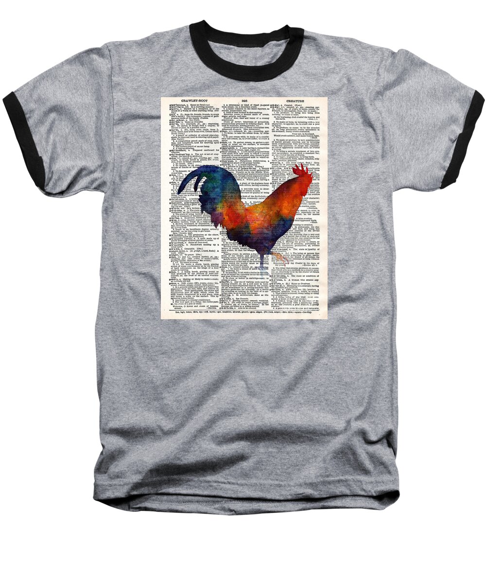 Rooster Baseball T-Shirt featuring the painting Colorful Rooster on Vintage Dictionary by Hailey E Herrera