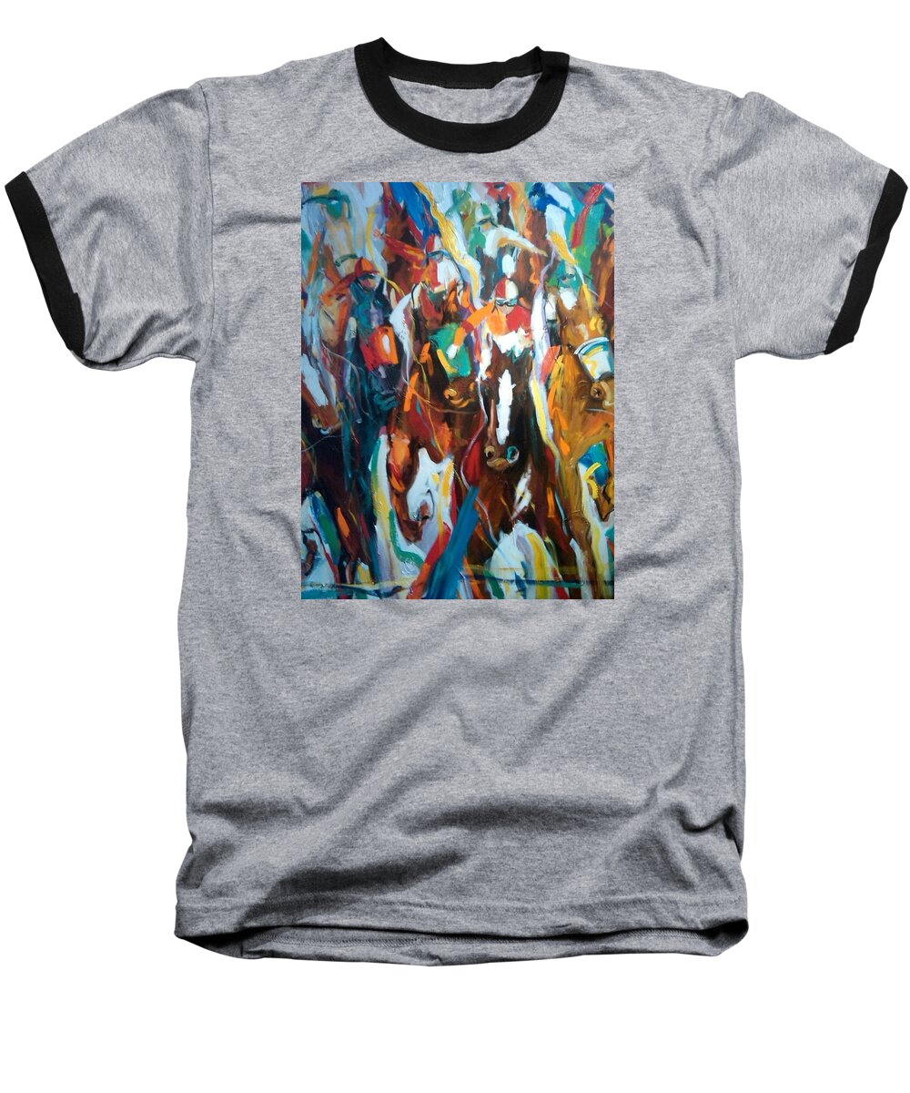 Race Track Baseball T-Shirt featuring the painting Coming up green by Heather Roddy