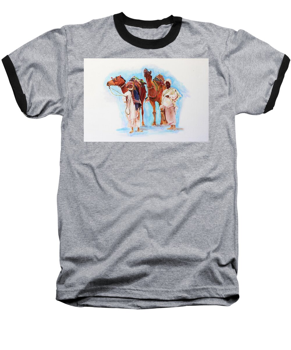 Camel Baseball T-Shirt featuring the painting Companionship by Khalid Saeed