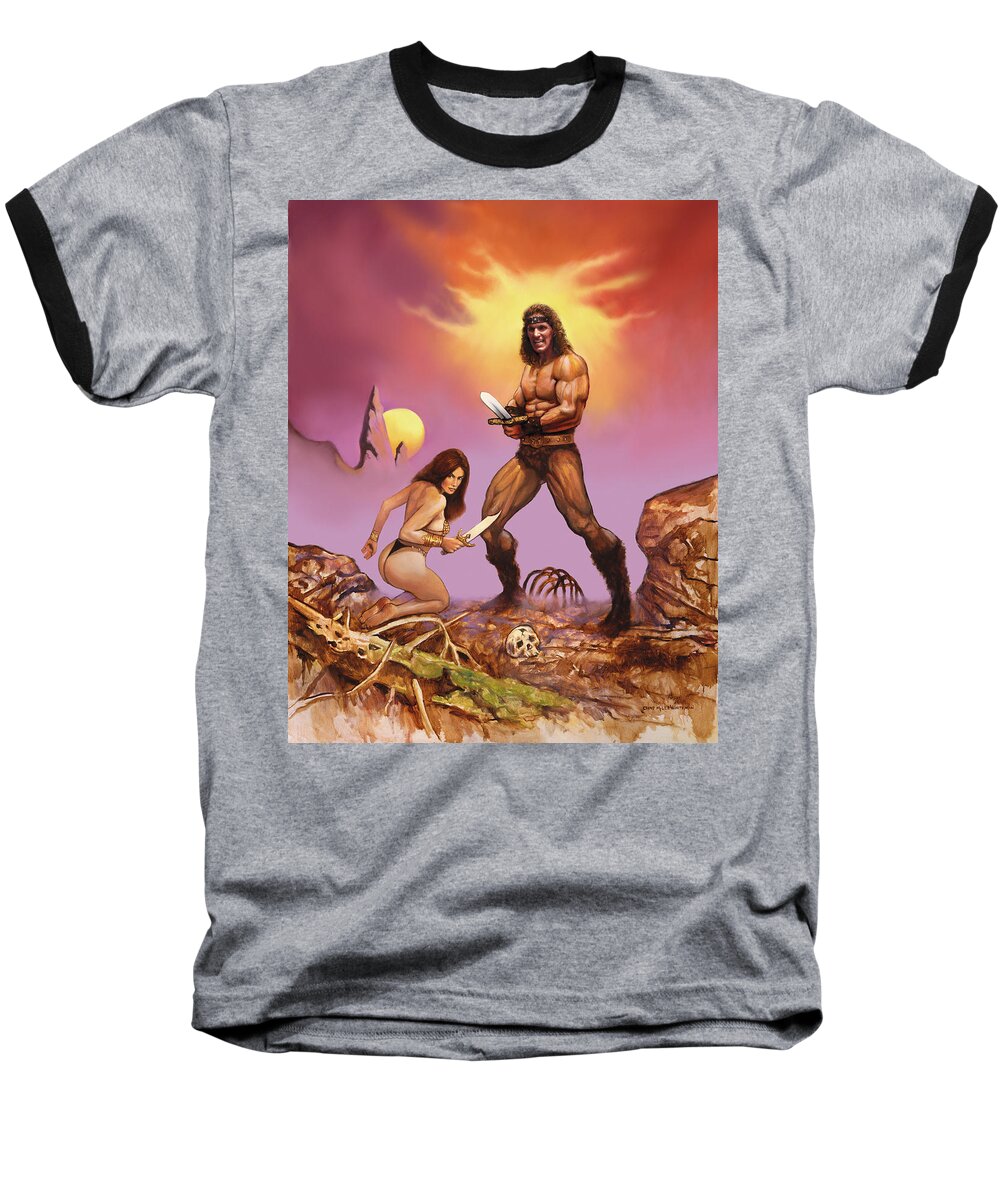 Conan Barbarian Scoff Adventure Fantasy Warrior Beauty Baseball T-Shirt featuring the painting Conan by Murry Whiteman