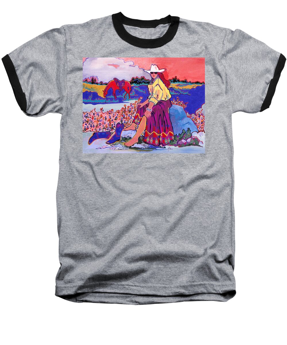 Cowgirl Baseball T-Shirt featuring the painting Cooling Their Heels by Adele Bower