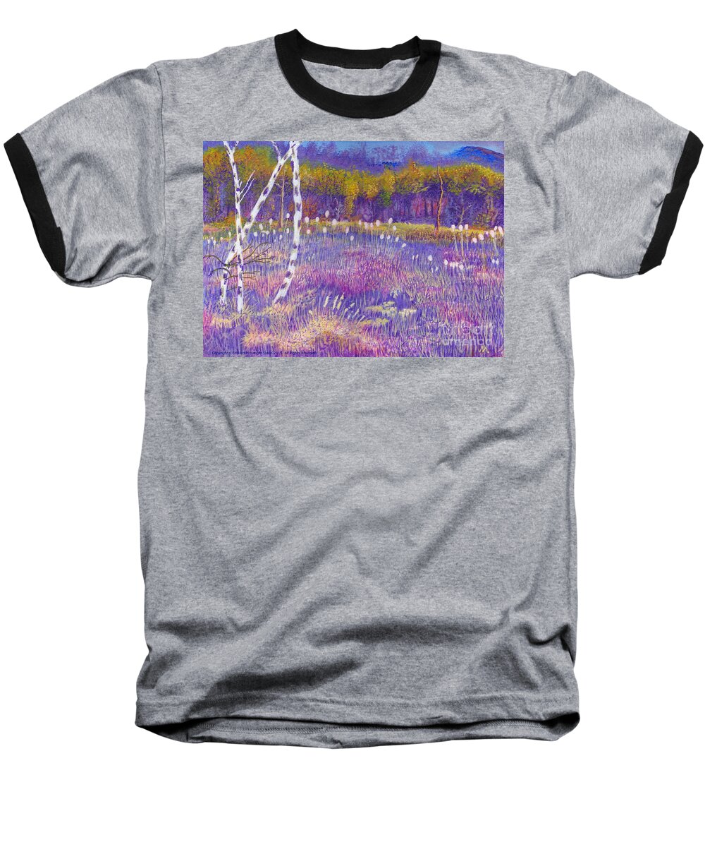 Cors Caron Baseball T-Shirt featuring the painting Cors Caron bulrushes with Purple Grasses by Edward McNaught-Davis