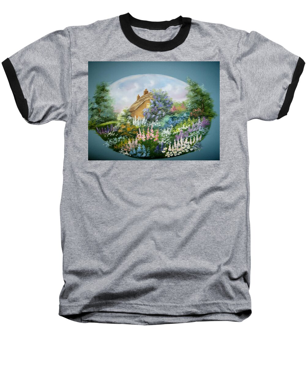 Cottage Baseball T-Shirt featuring the painting Cottage Vignette by Debra Campbell