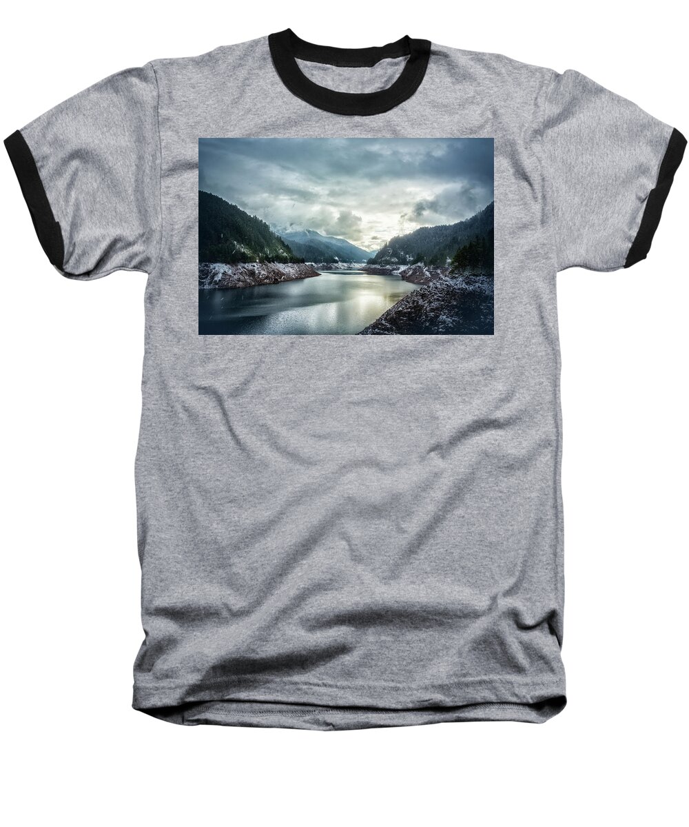 Cougar Reservoir Baseball T-Shirt featuring the photograph Cougar Reservoir on a Snowy Day by Belinda Greb