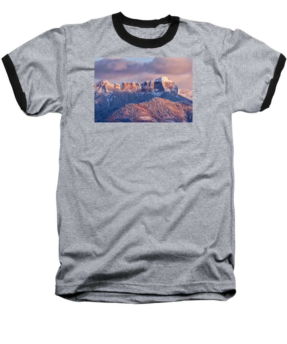 Cimarron Baseball T-Shirt featuring the photograph Court House Mountain Glow by Denise Bush