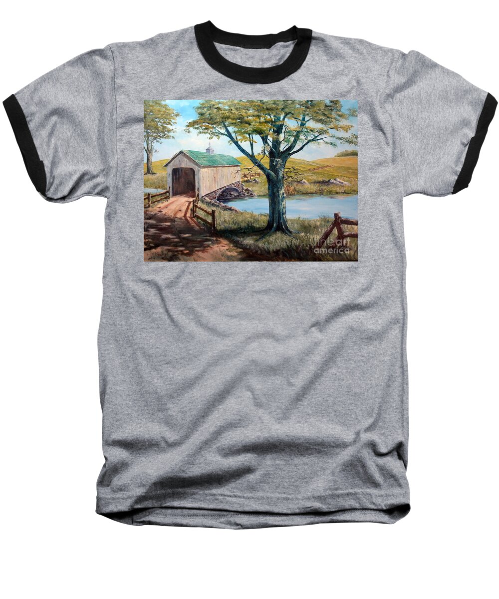 Covered Bridge Baseball T-Shirt featuring the painting Covered Bridge, Americana, Folk Art by Lee Piper