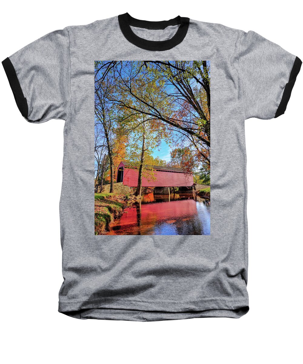 Autumn Baseball T-Shirt featuring the photograph Covered Bridge in Maryland in Autumn by Patrick Wolf