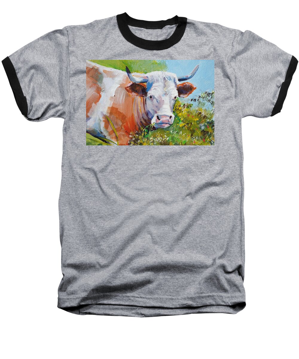 Cow Baseball T-Shirt featuring the painting Cow with horns by Mike Jory