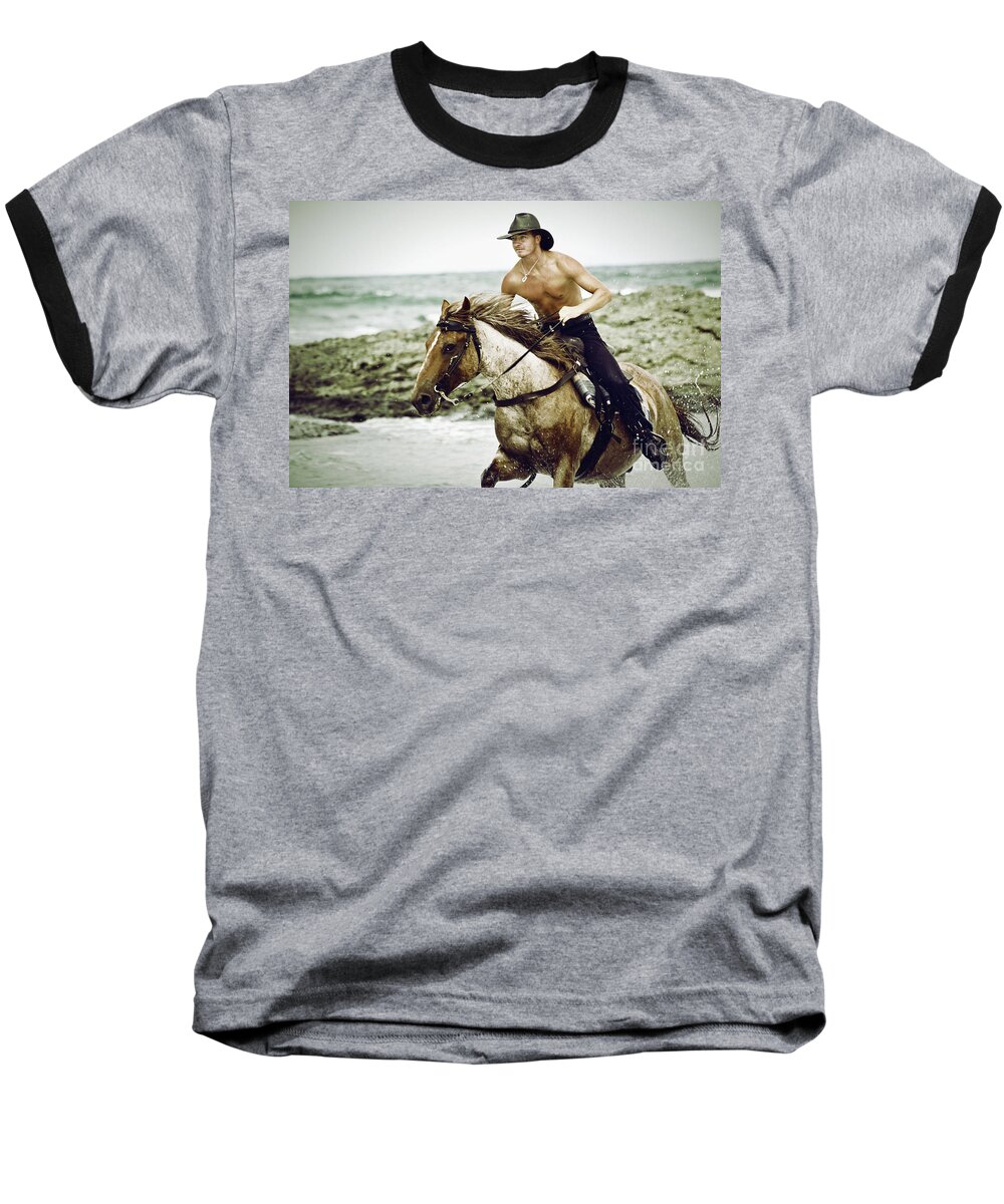 Horse Baseball T-Shirt featuring the photograph Cowboy riding horse on the beach by Dimitar Hristov