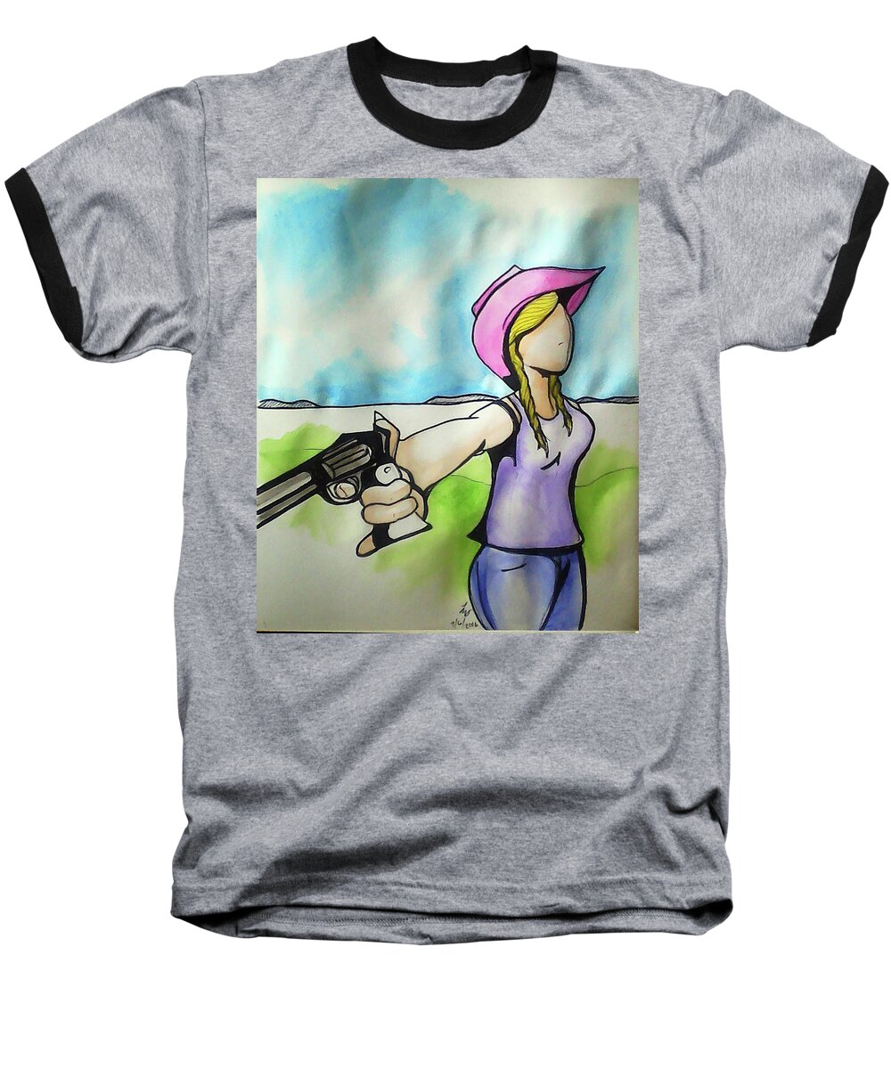 Cowgirl Baseball T-Shirt featuring the painting Cowgirl with gun by Loretta Nash