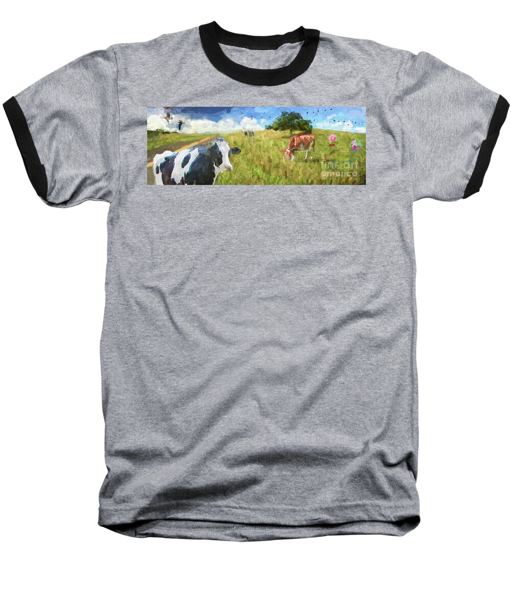 Cows. Field Baseball T-Shirt featuring the photograph Cows in field, ver 2 by Larry Mulvehill