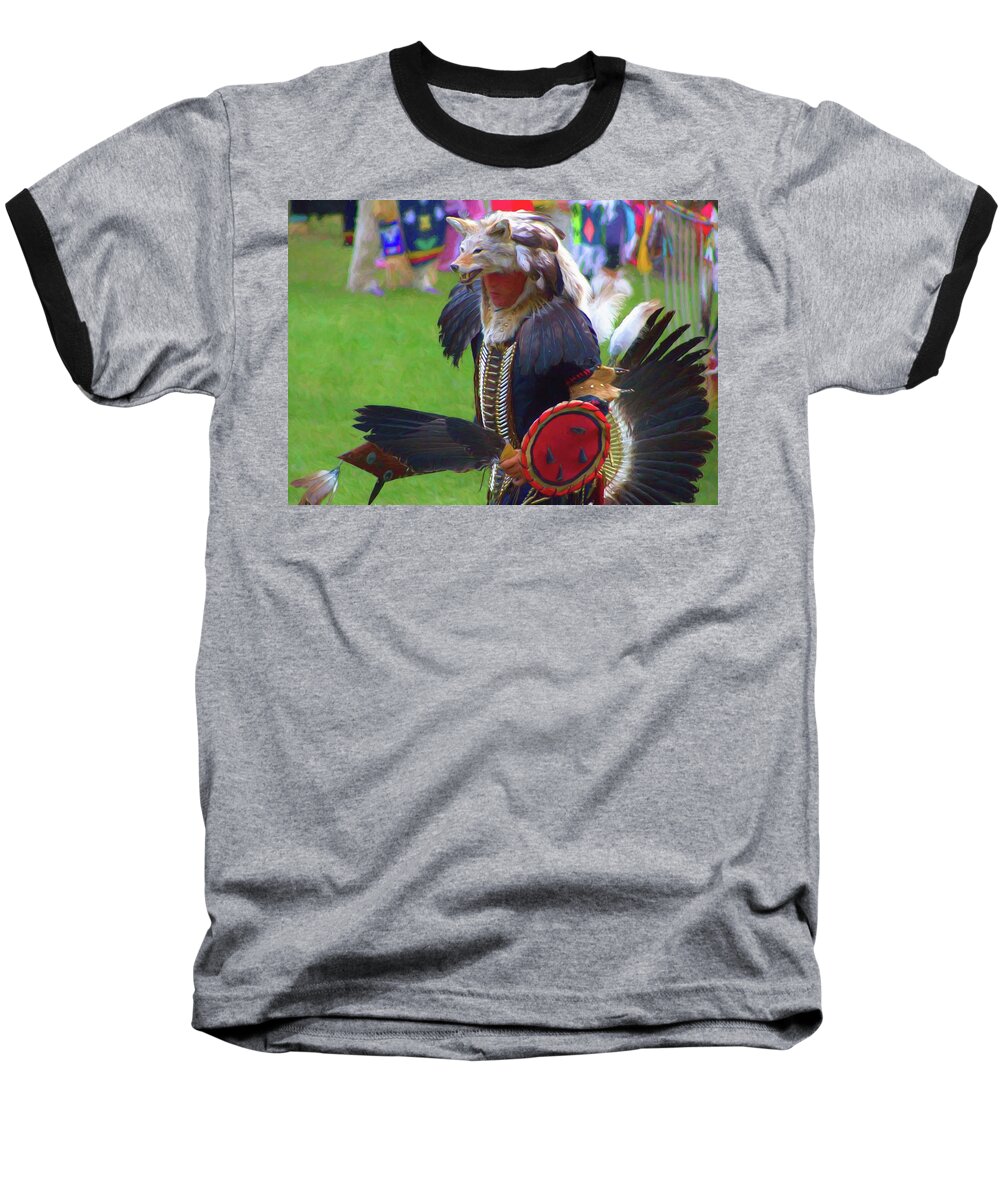 Powwow Baseball T-Shirt featuring the photograph Coyote Dancer by Kathy Bassett