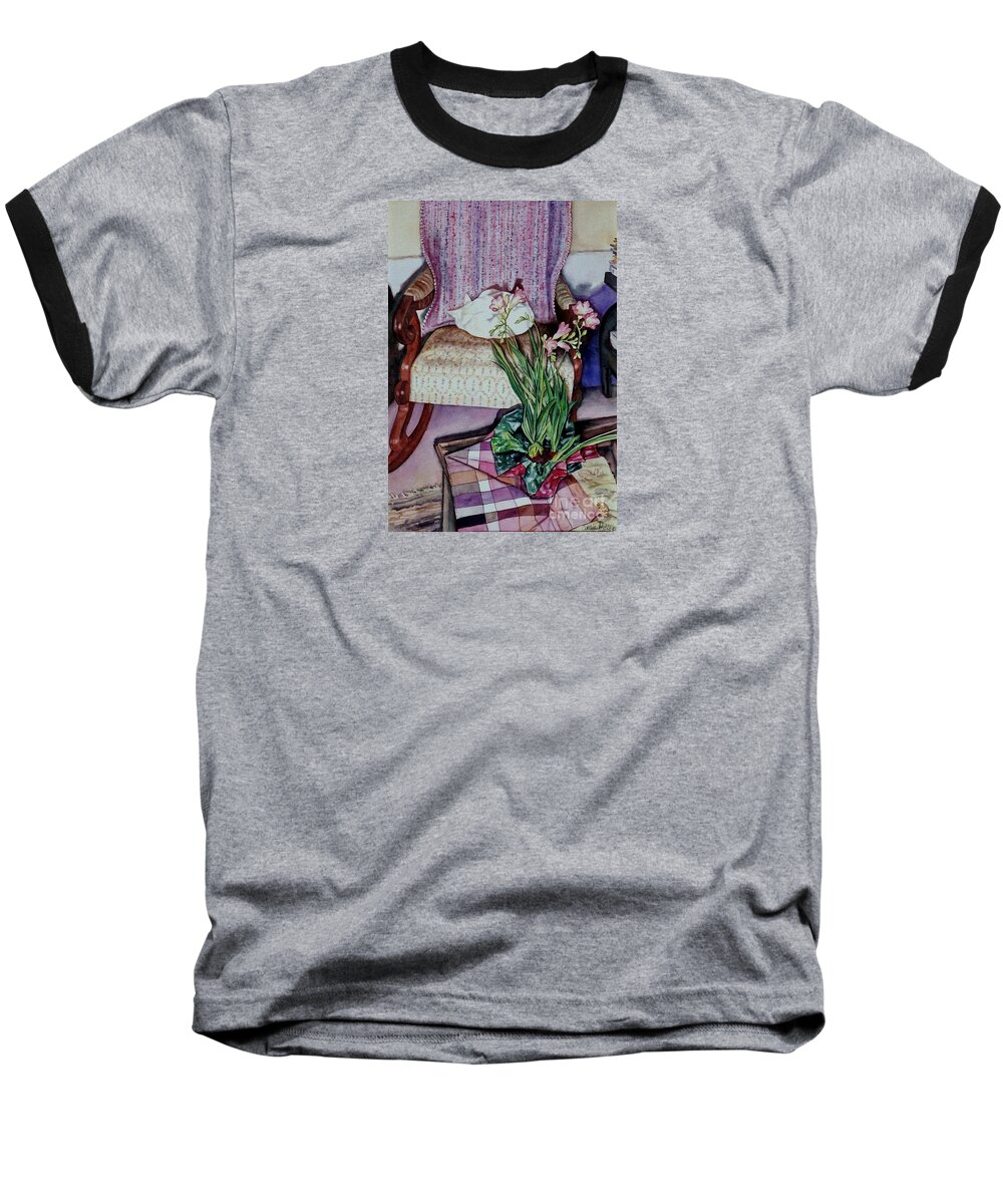 Cynthia Pride Watercolor Paintings Baseball T-Shirt featuring the painting Cozy Kitty by Cynthia Pride