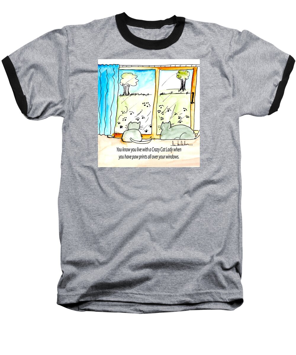 Cat Baseball T-Shirt featuring the painting Crazy Cat Lady 0010 by Lou Belcher