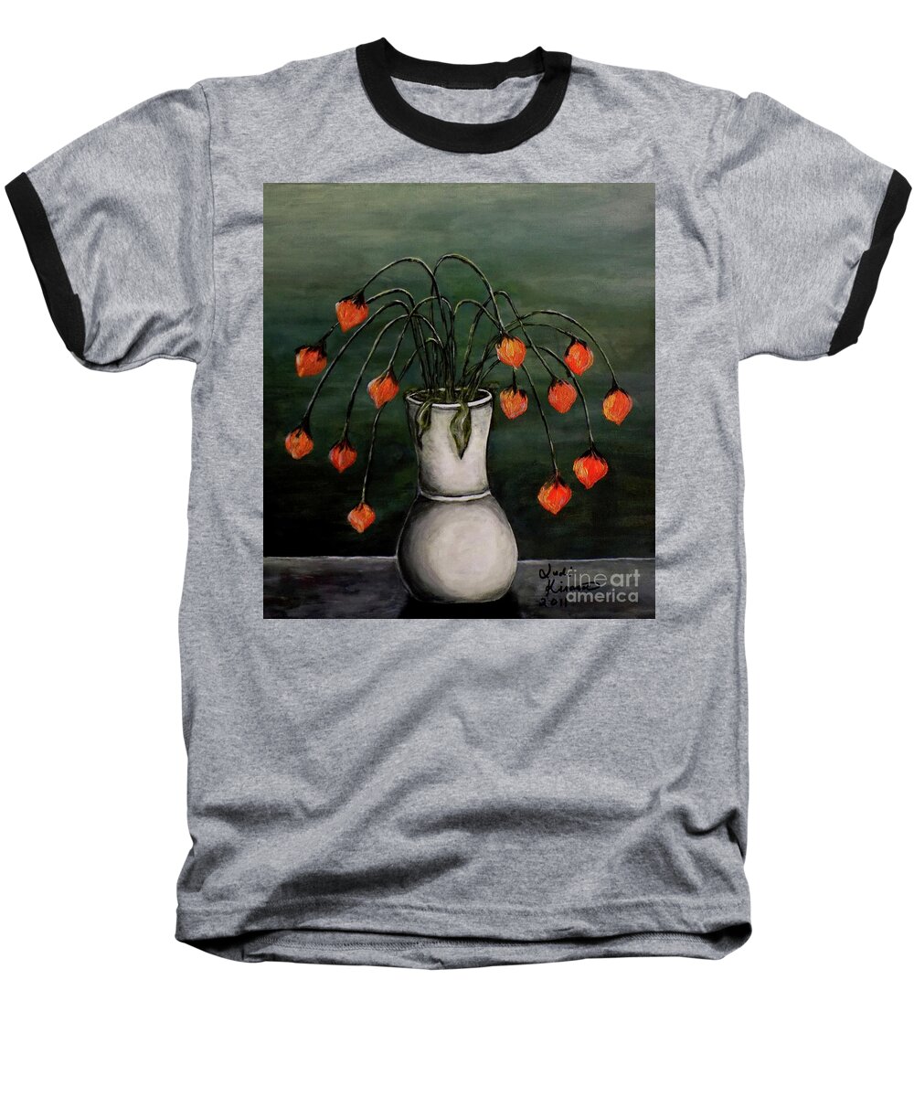 Flowers Baseball T-Shirt featuring the painting Crazy Red Flowers by Judy Kirouac
