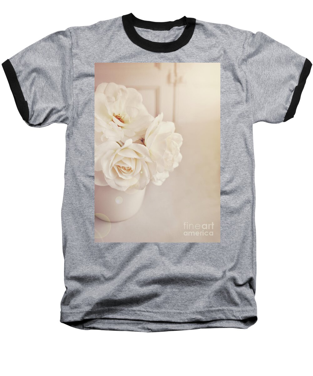 White Roses Baseball T-Shirt featuring the photograph Cream roses in vase by Lyn Randle