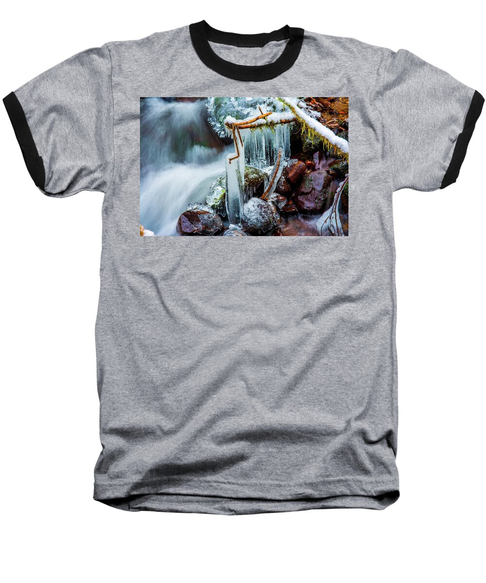 Art Baseball T-Shirt featuring the photograph Creekside Icicles by Jason Brooks
