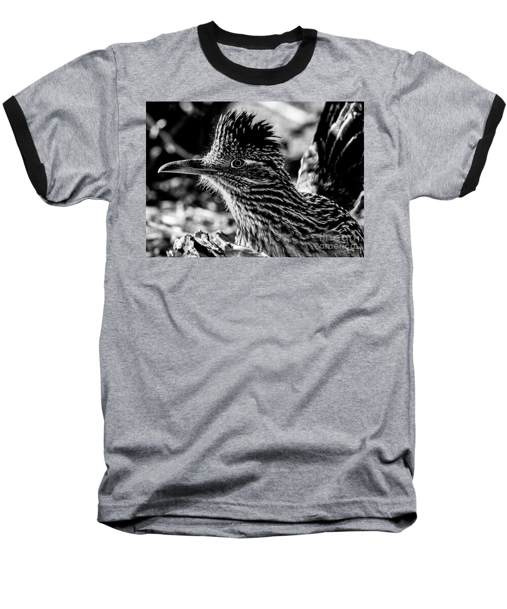 Bird Baseball T-Shirt featuring the photograph Cresting Roadrunner, Black and White by Adam Morsa