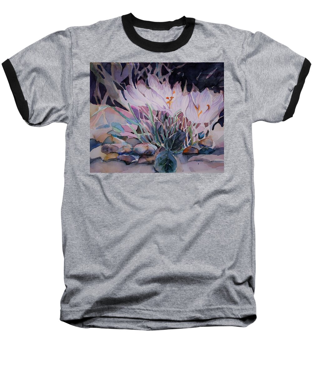Crocuses Baseball T-Shirt featuring the painting Crocuses by Mindy Newman