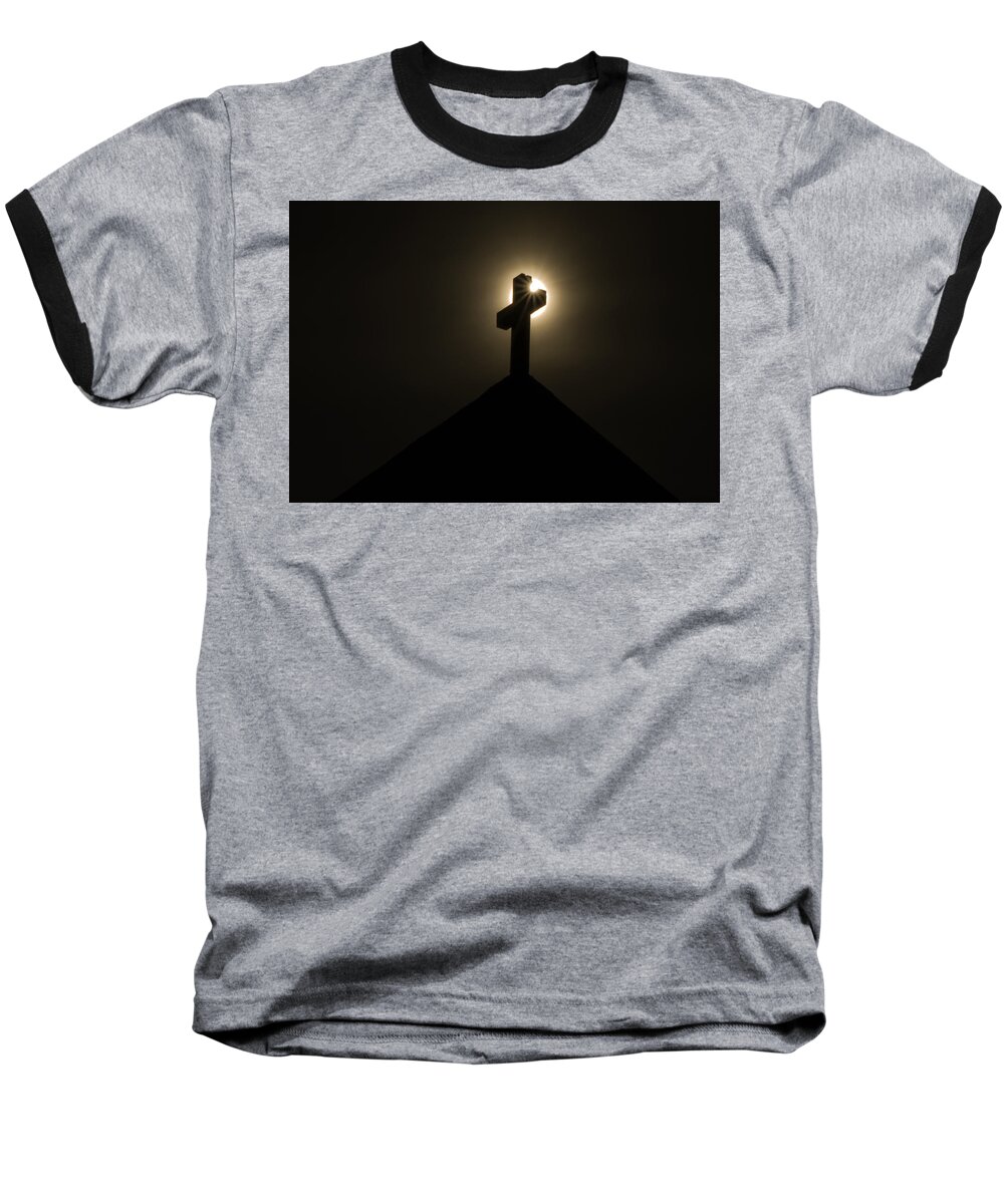 Catholic Baseball T-Shirt featuring the photograph Cross with Sunstar by Dawn Key