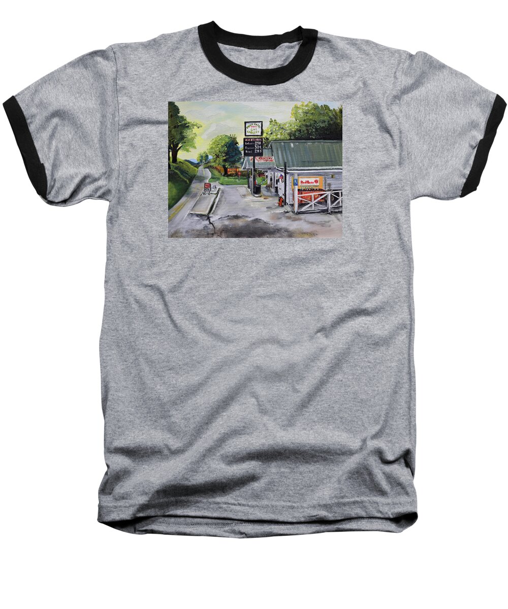 Crossroads Grocery Baseball T-Shirt featuring the painting Crossroads Grocery - Elijay, GA - Old Gas and Grocery Store by Jan Dappen