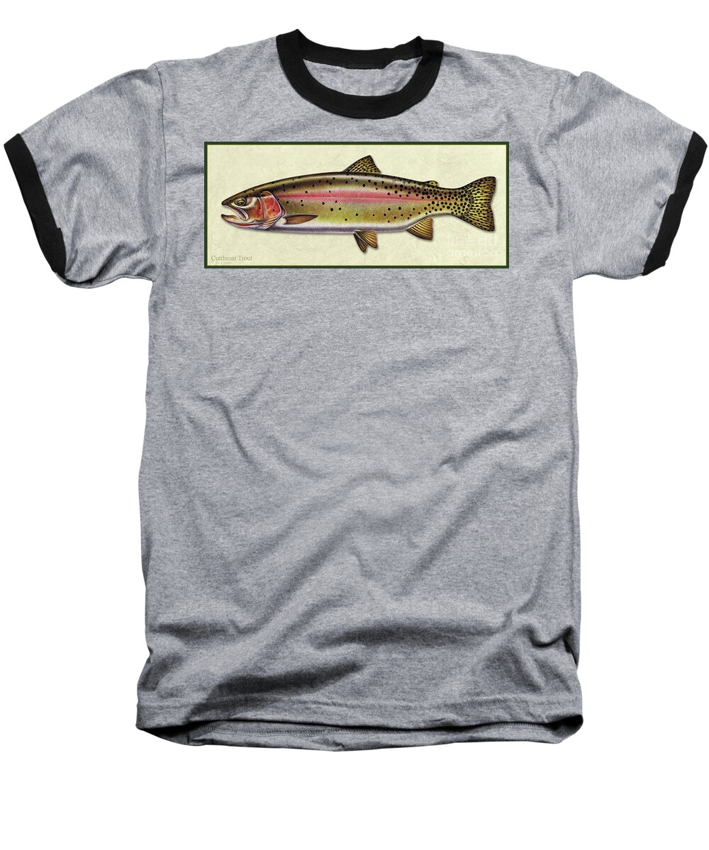 Jon Q Wright Fish Id Print Cutthroat Trout Flyfishing Fly Freshwater Baseball T-Shirt featuring the painting Cutthroat trout ID by Jon Q Wright