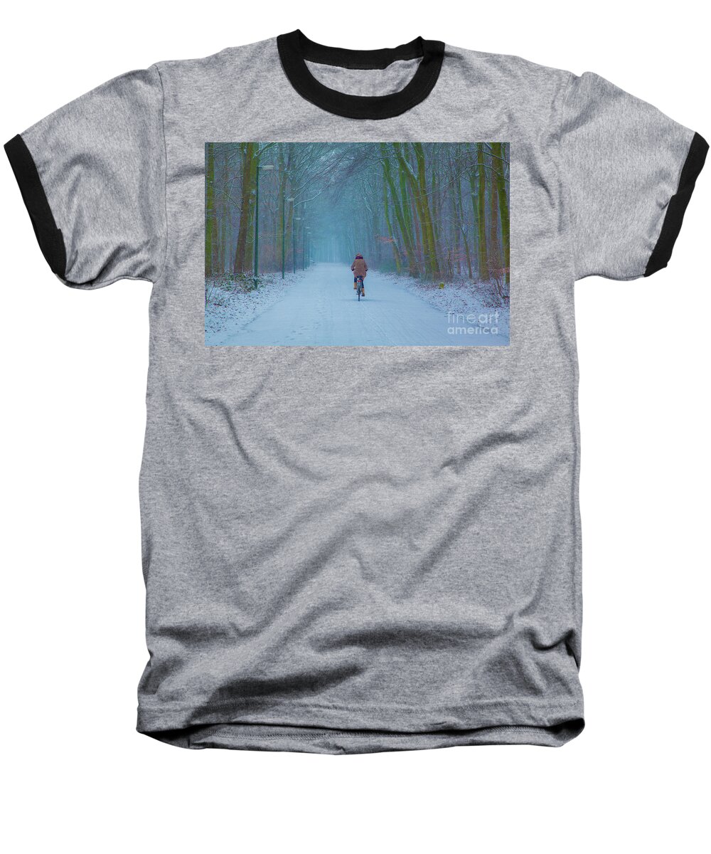 Den Haag Baseball T-Shirt featuring the photograph Cycling in the snow by Casper Cammeraat