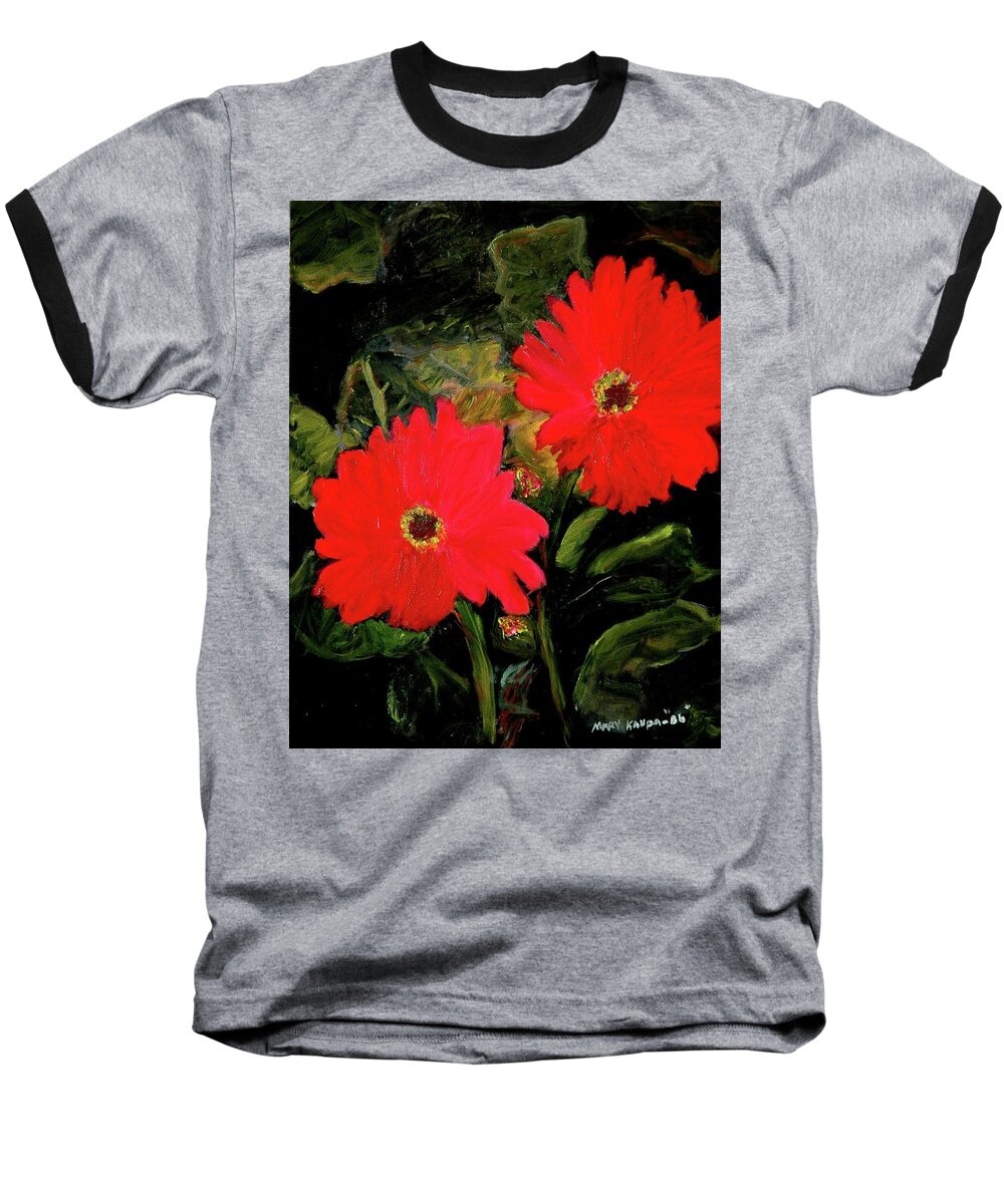 Red Dahlias Baseball T-Shirt featuring the painting Dahlias by Mary Krupa by Bernadette Krupa