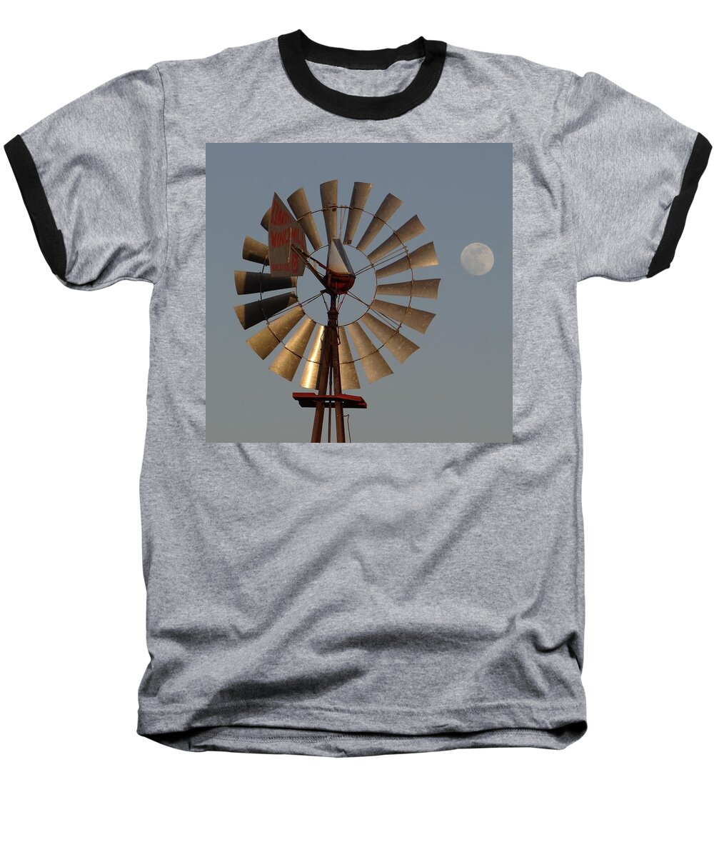 Windmill Baseball T-Shirt featuring the photograph Dakota Windmill And Moon by Keith Stokes